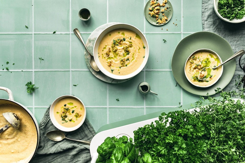 White Bean and Parsnip Soup with Herby Croutons and Parsley Oil