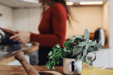 Herbs in a cup on a kitchen counter with a woman in the background.